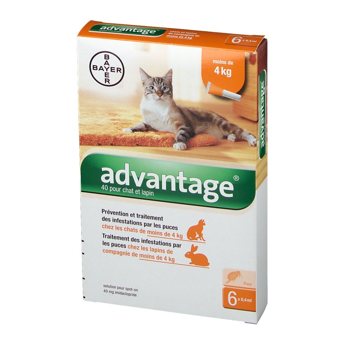 Emballage. Advantage. Chat et lapin. 6 pipettes. Logo Bayer. Pour animaux de moins de 4 kg.