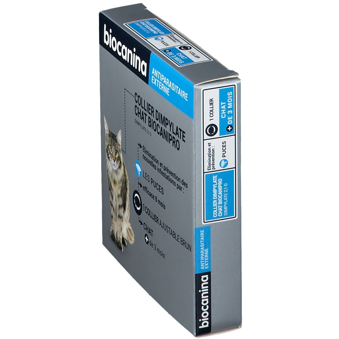 Boîte Biocanina. Collier Dimpylate Chat Biocanipro. Texte et illustration d'un chat. Informations sur le produit.
