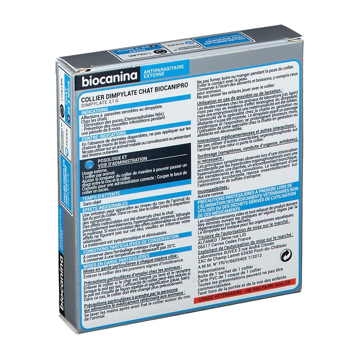 Dos de la boîte Biocanina. Texte: Collier Dimpylate Chat Biocanipro. Instructions d'utilisation et précautions.