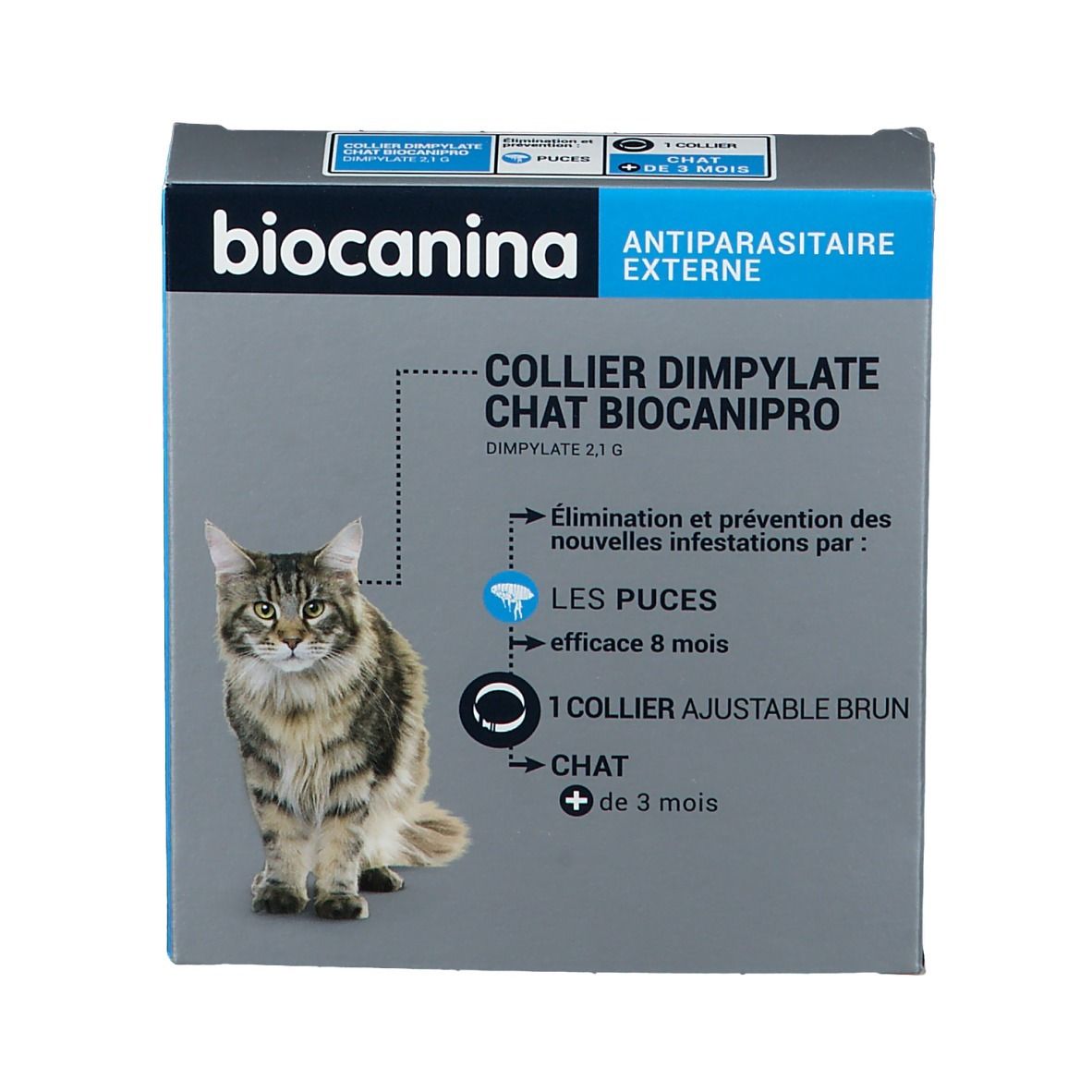 Face avant de la boîte. Biocanina, Collier Dimpylate Chat Biocanipro. Image d'un chat. Informations sur le produit.