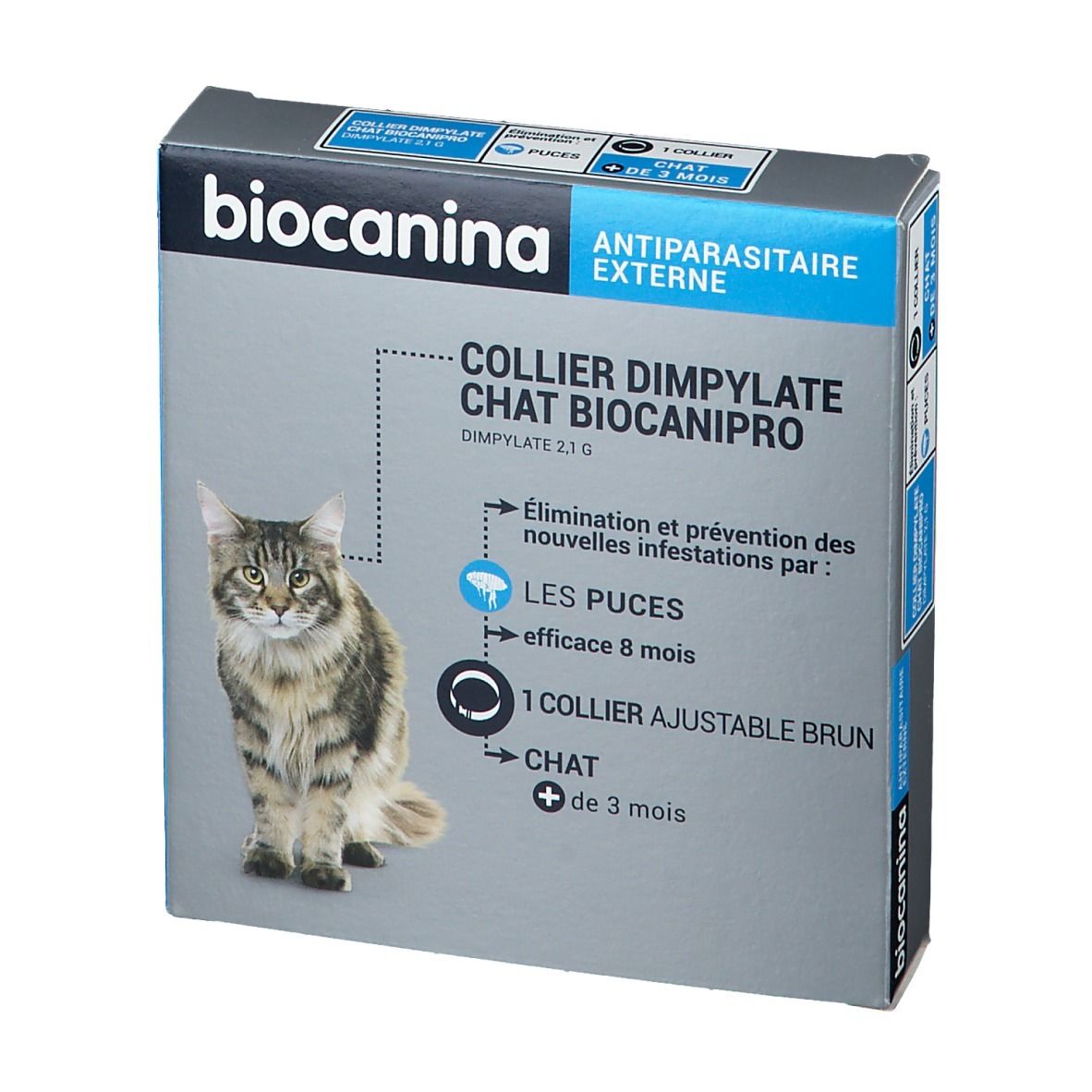 Face avant de la boîte. Biocanina, Collier Dimpylate Chat Biocanipro. Image d'un chat. Informations sur le produit.