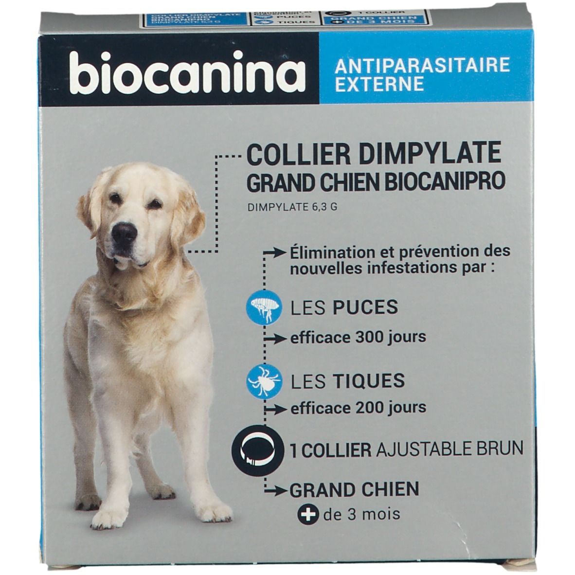 Boîte de Biocanina Collier insecticide BIOCANIPRO pour grand chien. Collier antiparasitaire. Contient un collier brun ajustable.