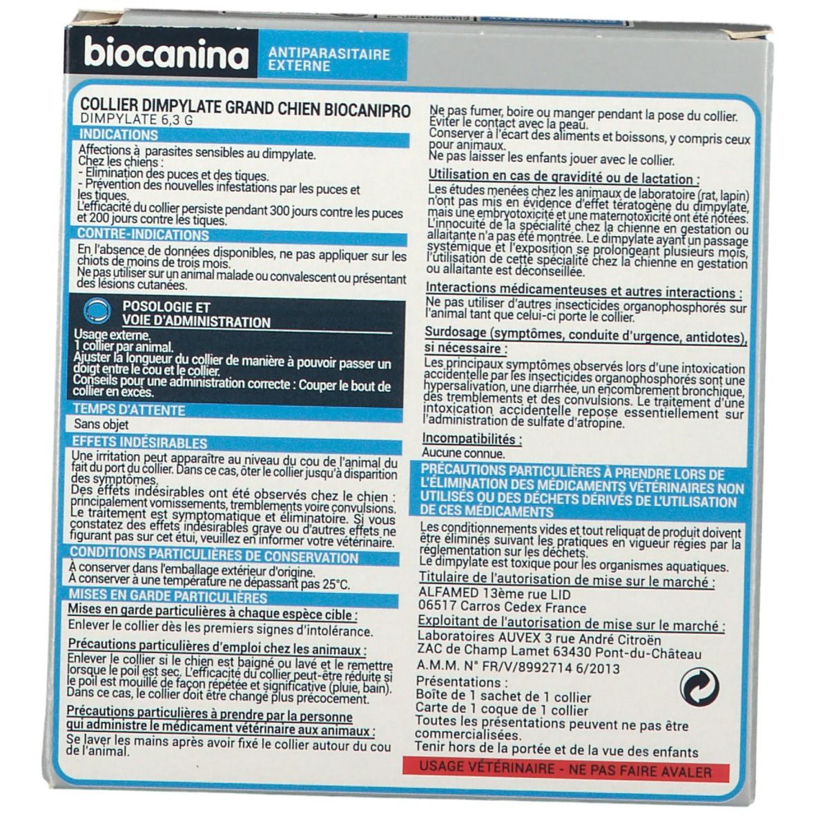 Dos de la boîte de Biocanina Collier insecticide BIOCANIPRO. Informations textuelles sur l'utilisation et les ingrédients.