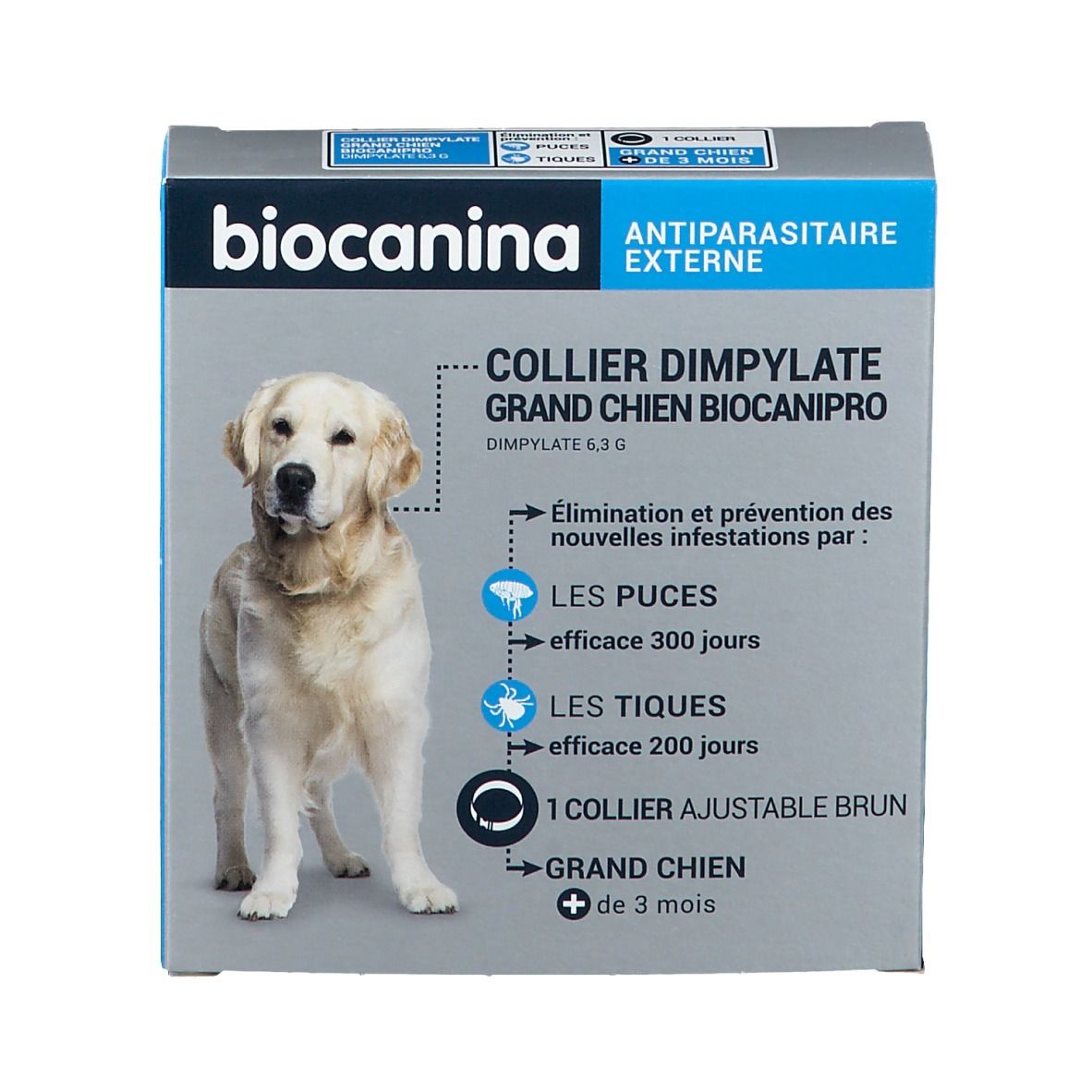 Vue de face de la boîte de Biocanina Collier insecticide BIOCANIPRO. Contient un collier brun ajustable.
