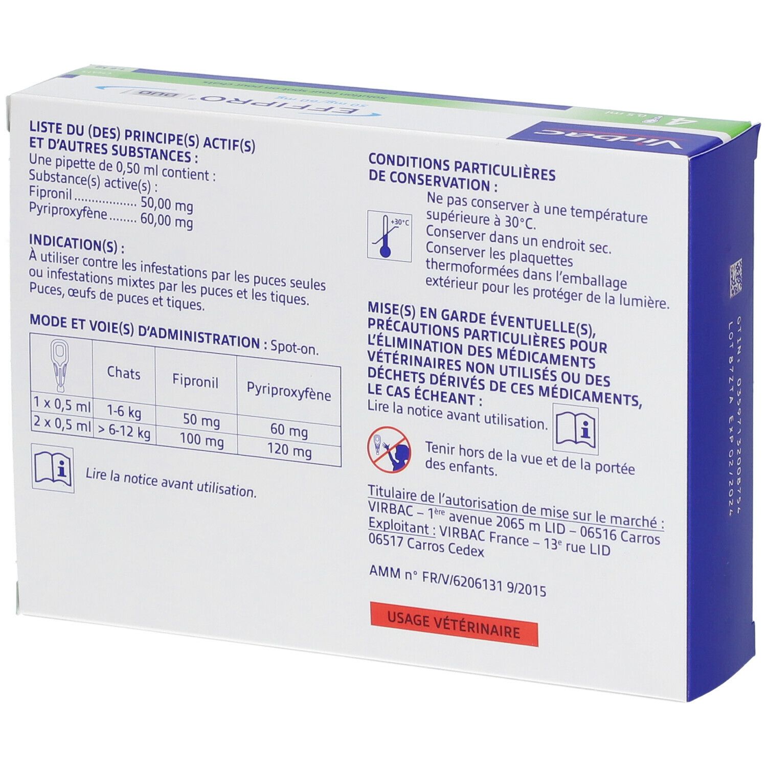 Virbac Effipro 50 mg/60 mg Solution pour spot-on pour chats