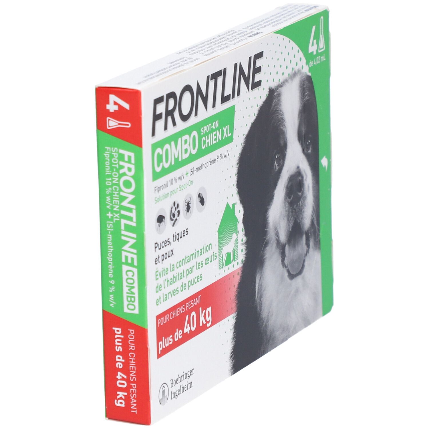 Boîte Frontline Combo XL pour chiens. Inscription: chien, 4 pipettes, contre puces, tiques et poux. Pour chiens de plus de 40 kg. Vue oblique.
