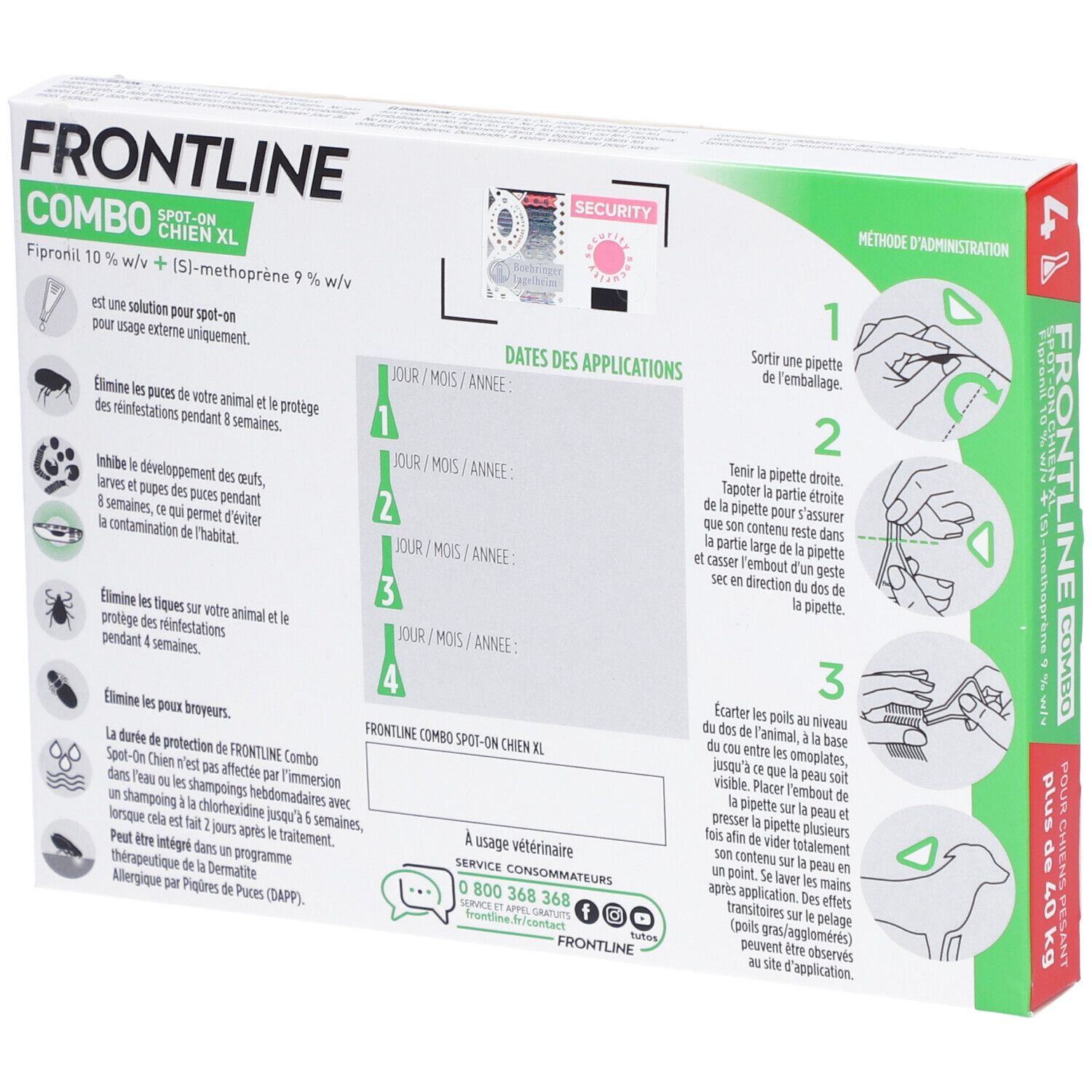 Dos de l'emballage Frontline Combo XL. Informations sur l'utilisation, les ingrédients et les avertissements. Avec illustrations et texte.