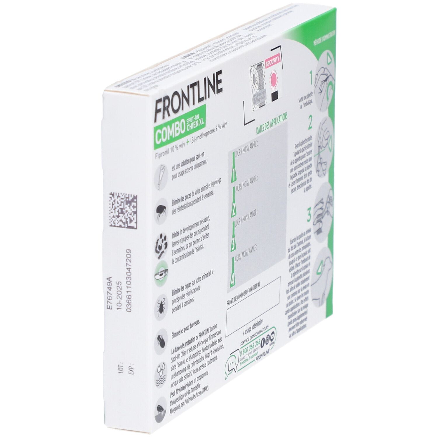 Dos de l'emballage Frontline Combo XL. Informations sur l'utilisation, les ingrédients et les avertissements. Vue oblique.