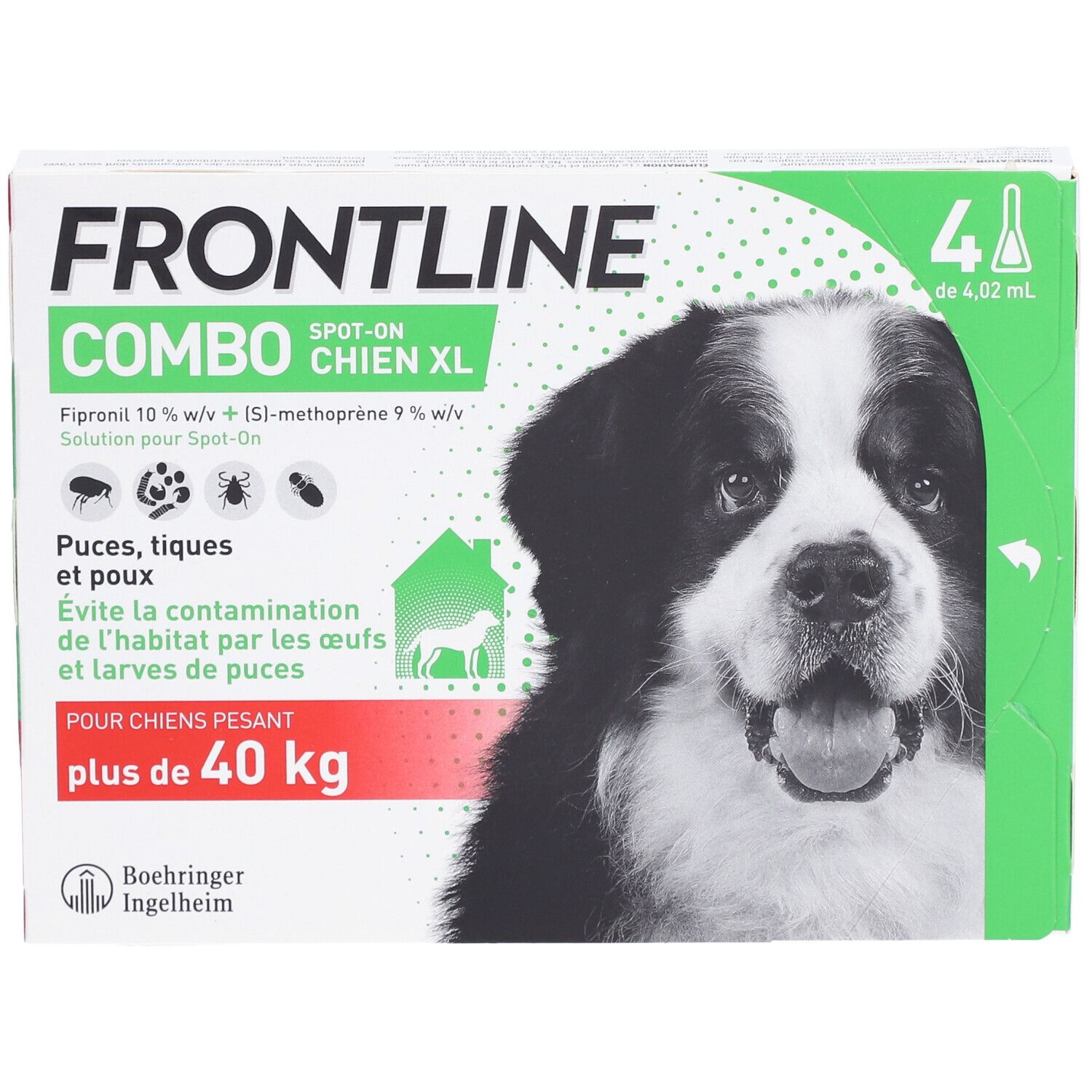 Boîte de Frontline Combo XL pour chiens. Inscription: chien, 4 pipettes, contre puces, tiques et poux. Pour chiens de plus de 40 kg.