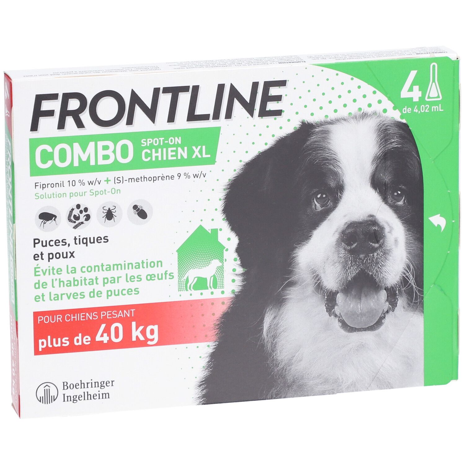 Boîte de Frontline Combo XL pour chiens. Inscription: chien, 4 pipettes, contre puces, tiques et poux. Pour chiens de plus de 40 kg.
