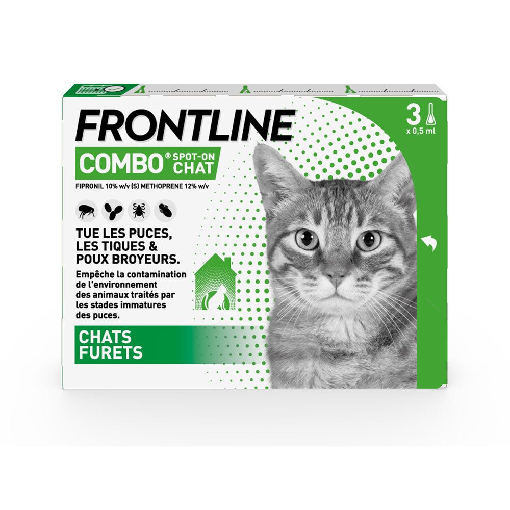 Boîte de Frontline Combo pour chats et furets. Contient 3 pipettes. Image d'un chat.