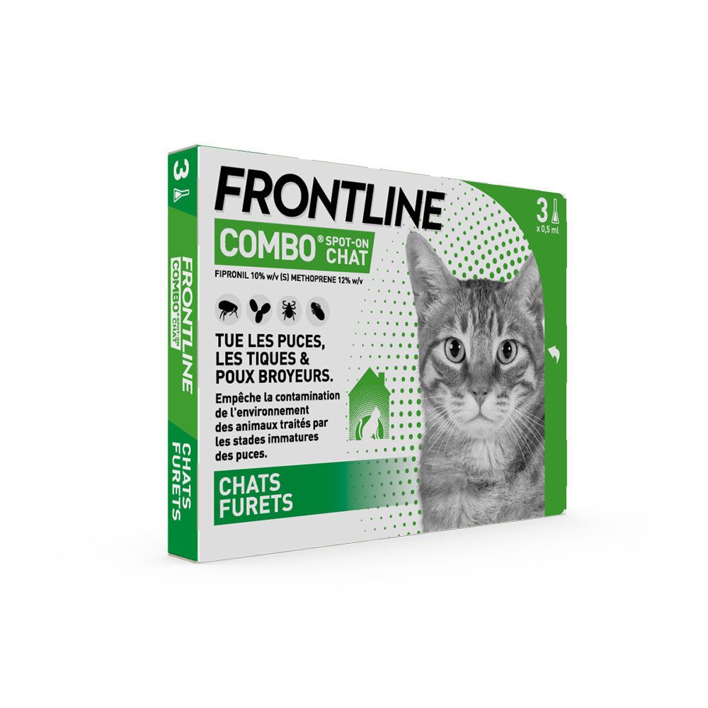 Boîte de Frontline Combo pour chats et furets. Contient 3 pipettes. Vue latérale.