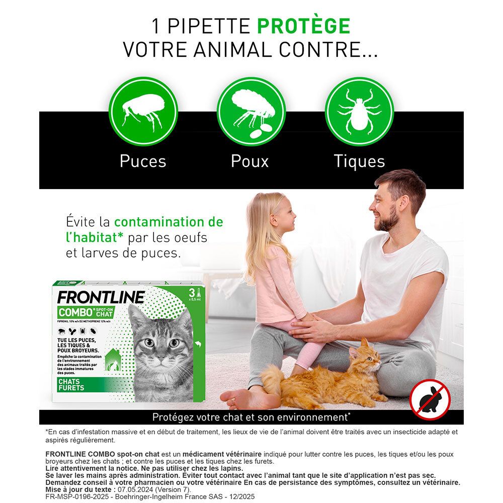 Homme et enfant avec chat et chien. Emballage Frontline Combo en arrière-plan. Texte sur puces, poux et tiques.