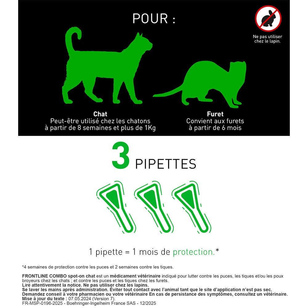 Silhouettes vertes de chat et furet. 3 pipettes. Texte : 1 pipette = 1 mois de protection.