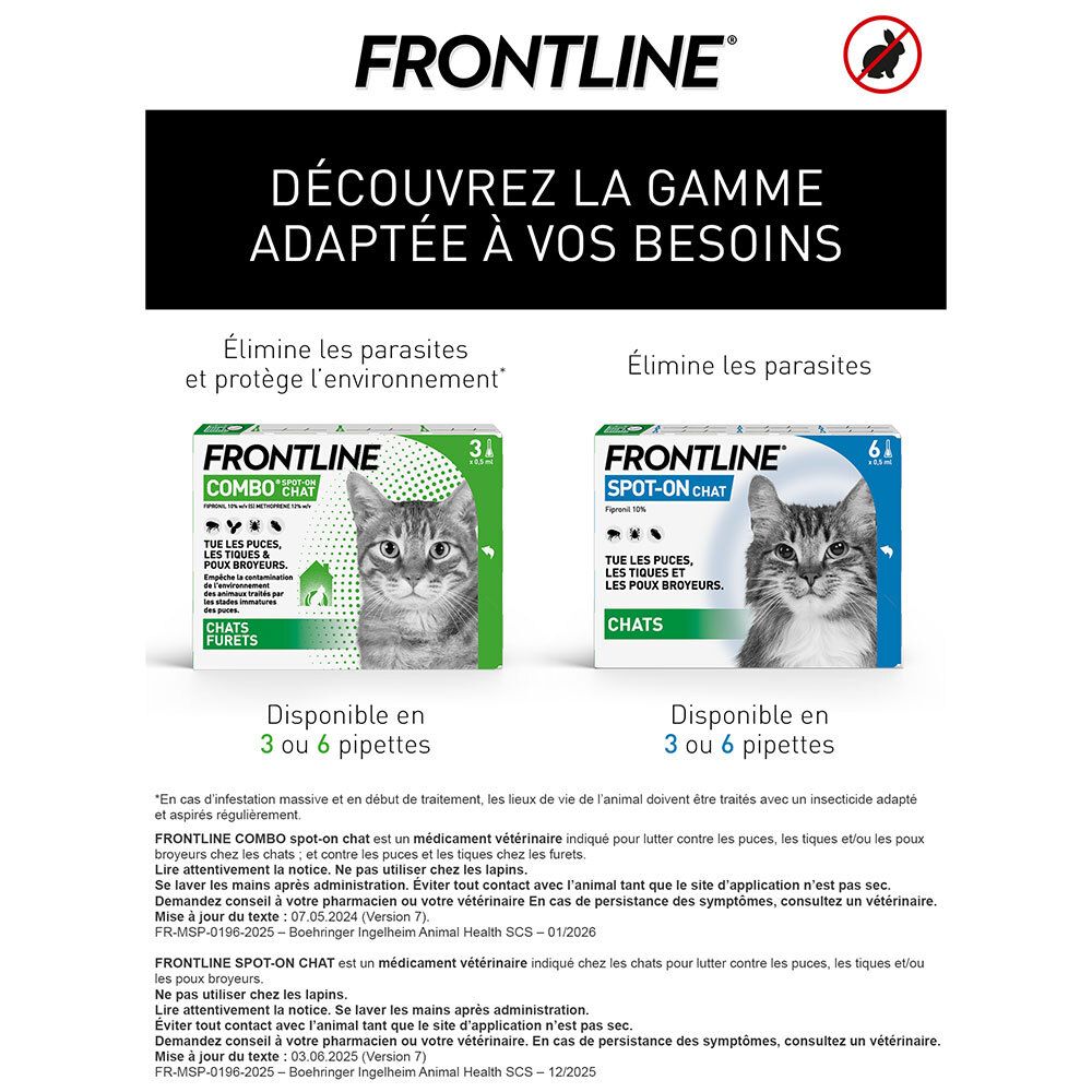 Gamme de produits Frontline. Frontline Combo et Spot-On pour chats. Disponible en 3 ou 6 pipettes.