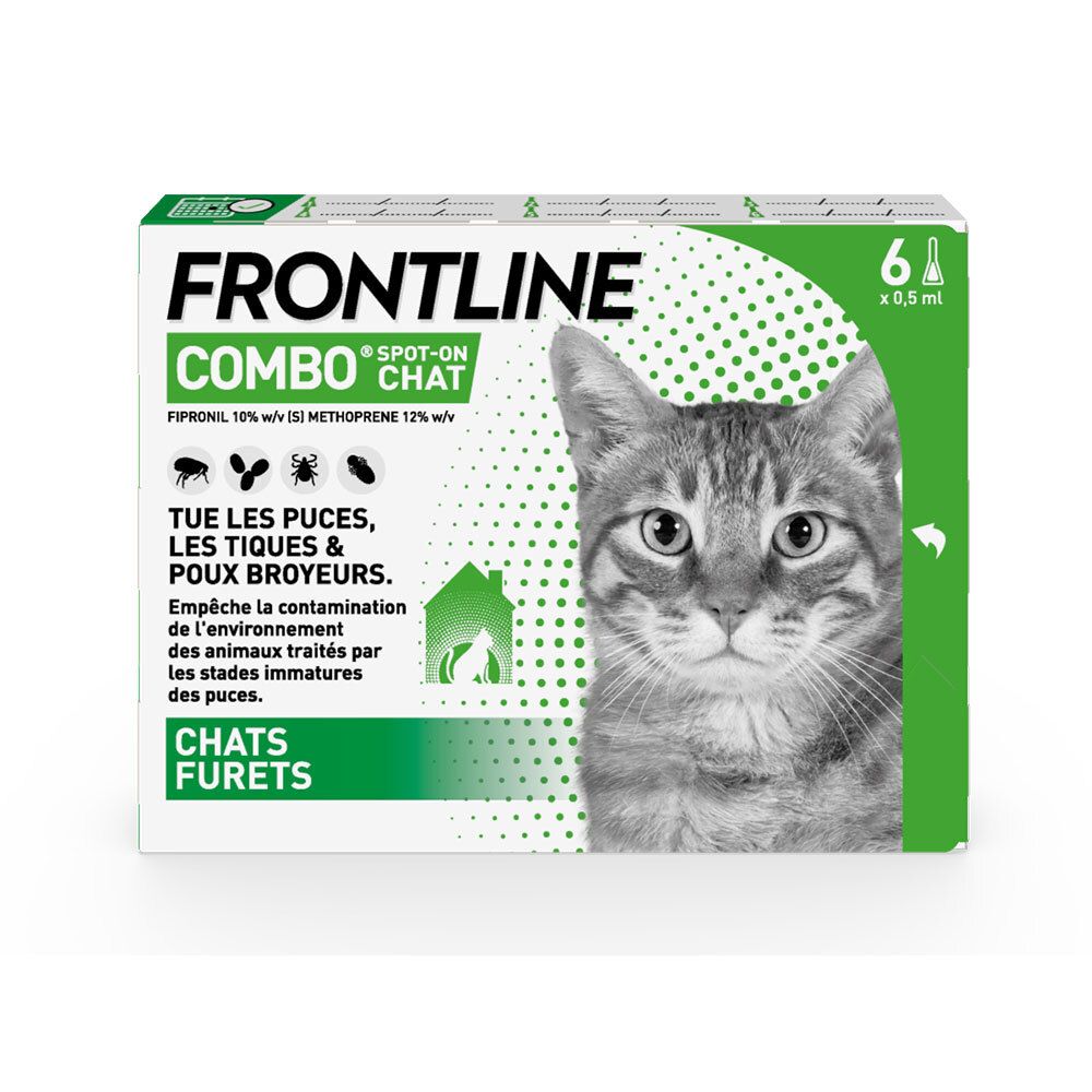 Boîte Frontline Combo Chat. Contient 6 doses. Chat illustré. Texte: Tue les puces, les tiques et les poux.