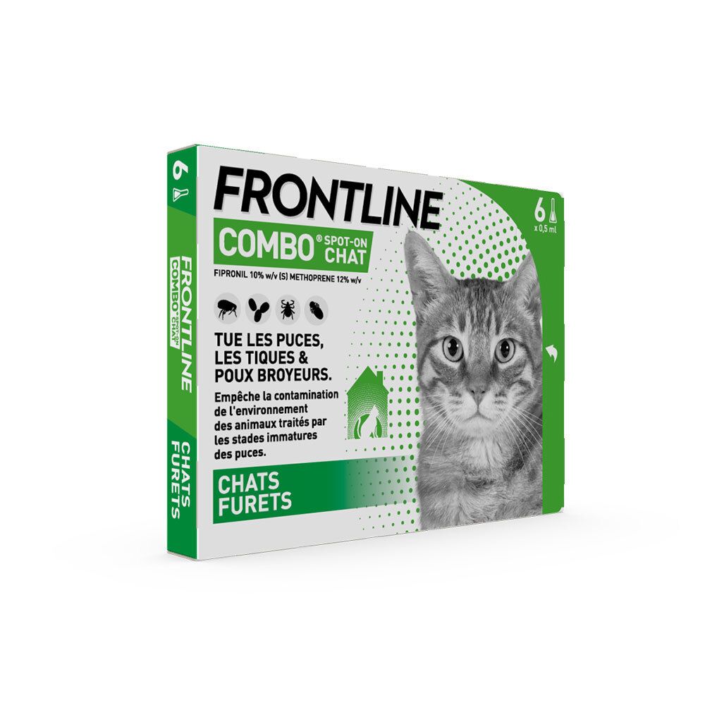 Emballage Frontline Combo Chat. 6 doses. Chat illustré. Texte: Tue les puces, les tiques et les poux.