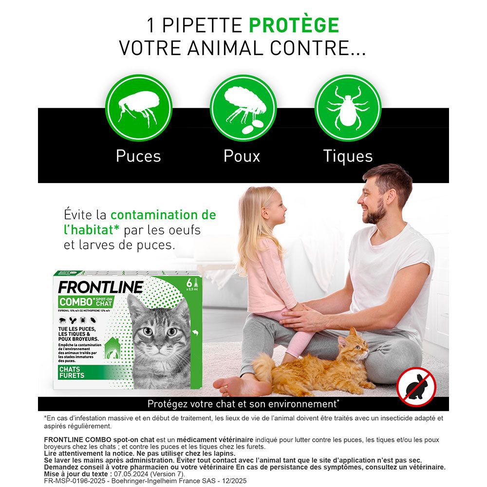 Homme et enfant avec chat et chien. Boîte Frontline Combo Chat. Texte: Protège votre animal contre... Puces, poux, tiques.
