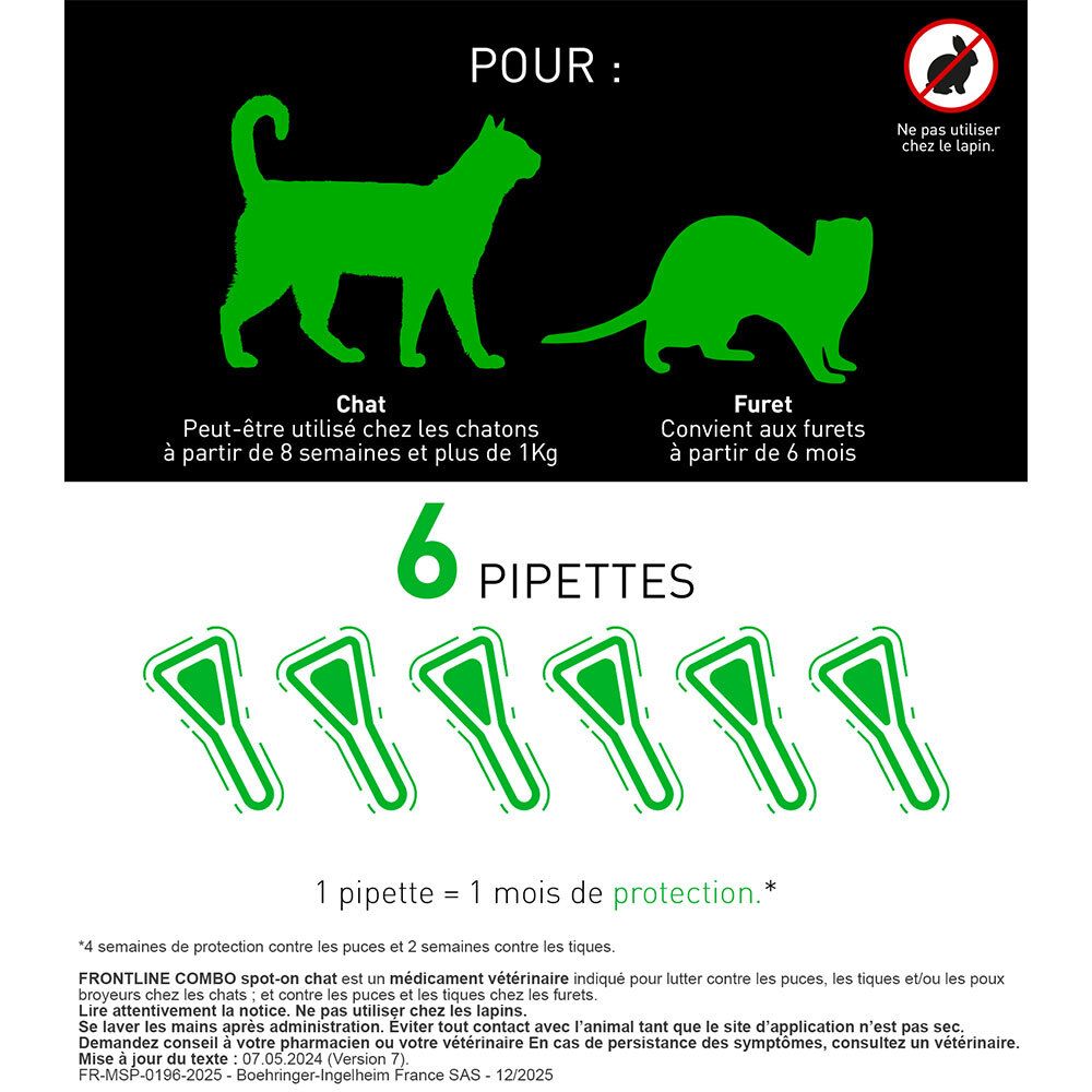 Graphiques verts: Chat et furet. 6 pipettes. Texte: Pour chat et furet. Ne pas utiliser chez le lapin.
