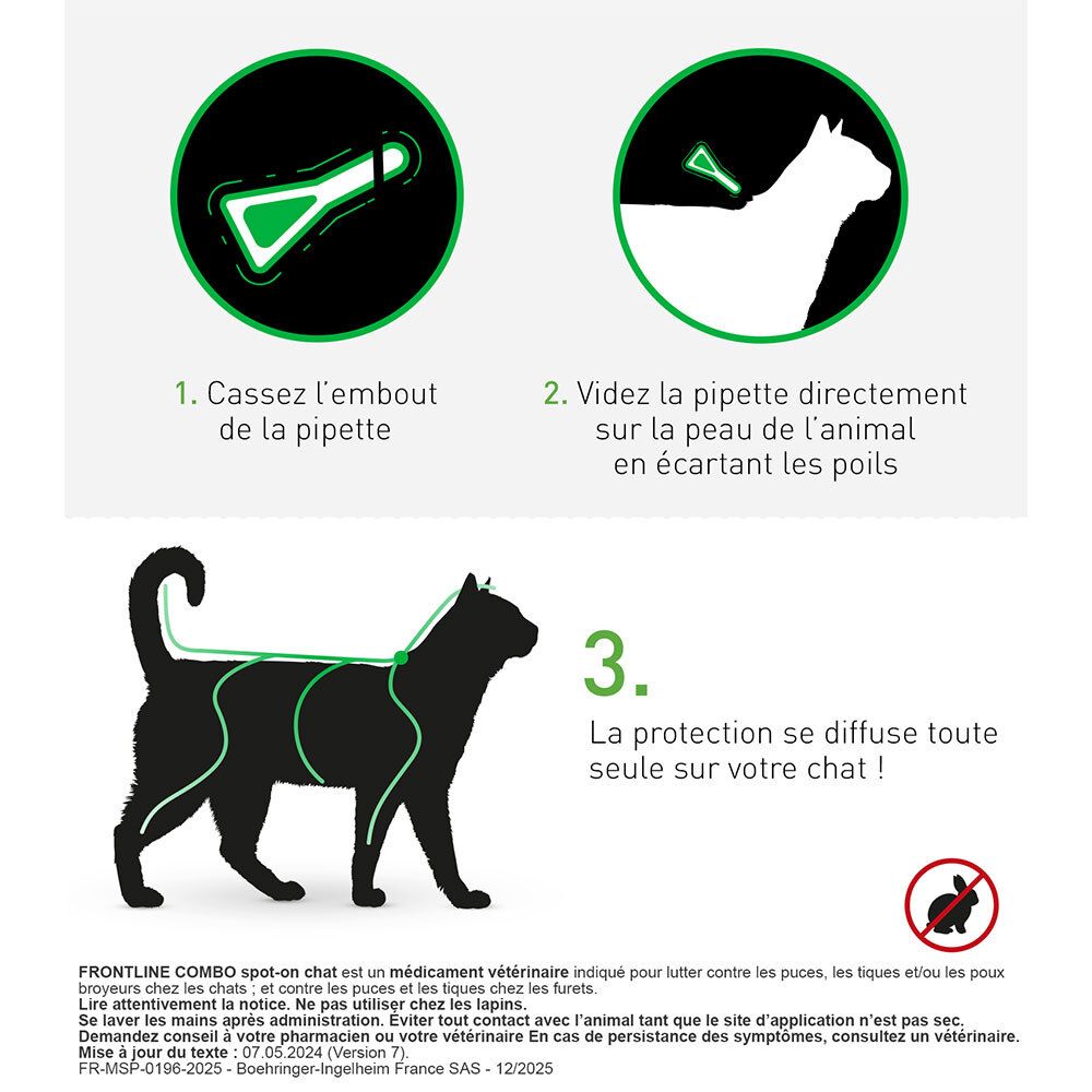 Instructions d'utilisation Frontline Combo Chat. 3 étapes: Ouvrir la pipette, appliquer sur la peau, diffuser.