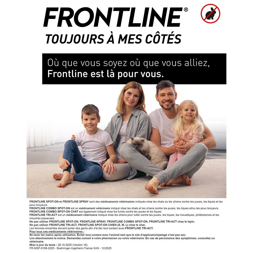 Famille avec chat et chien. Texte: Frontline est toujours là pour vous. Produits Frontline.