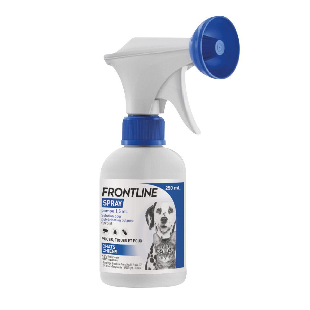 Flacon spray blanc avec tête bleue. Inscription: Frontline Spray, image chien et chat. 250 ml.