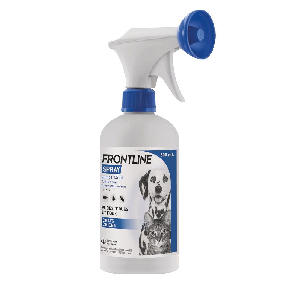 Flacon spray blanc avec tête bleue. Inscription: Frontline Spray, image chien et chat. 500 ml.