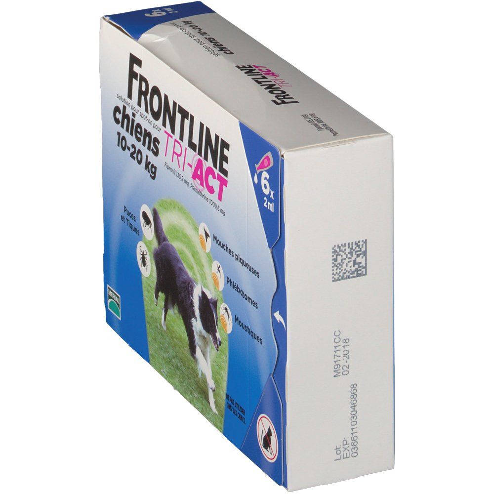 Vue oblique de la boîte de Frontline TRI-ACT. Contient 6 doses. Ingrédients et nom de la marque visibles.