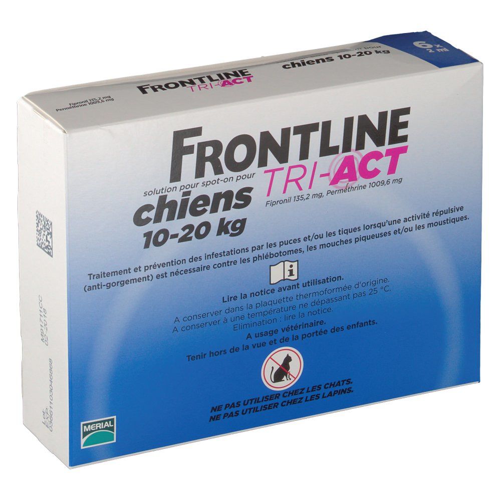 Boîte de Frontline TRI-ACT pour chiens moyens. Contient 6 doses. Ingrédients et nom de la marque visibles. Texte informatif.