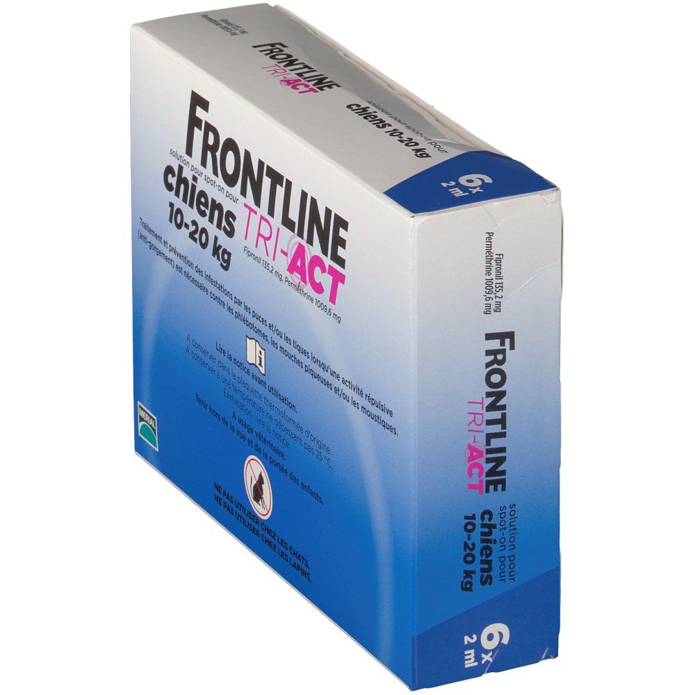 Vue oblique de la boîte de Frontline TRI-ACT. Contient 6 doses. Ingrédients et nom de la marque visibles.