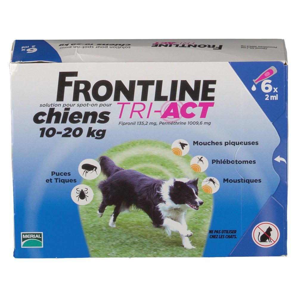 Boîte de Frontline TRI-ACT pour chiens moyens. Contient 6 doses. Ingrédients et nom de la marque visibles. Illustration d'un chien.