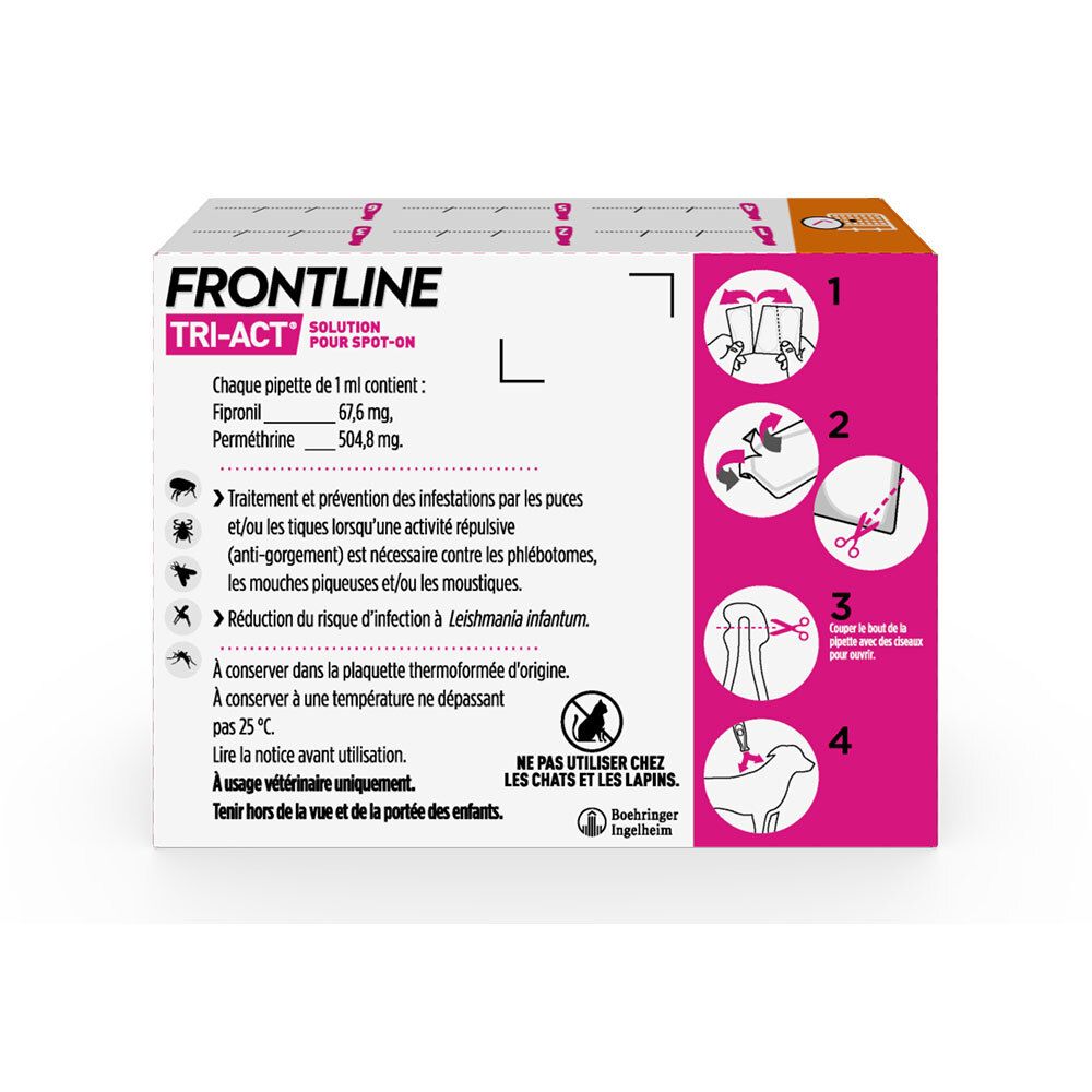 Dos de la boîte Frontline TRI-ACT. Contient informations et instructions. Accents roses.
