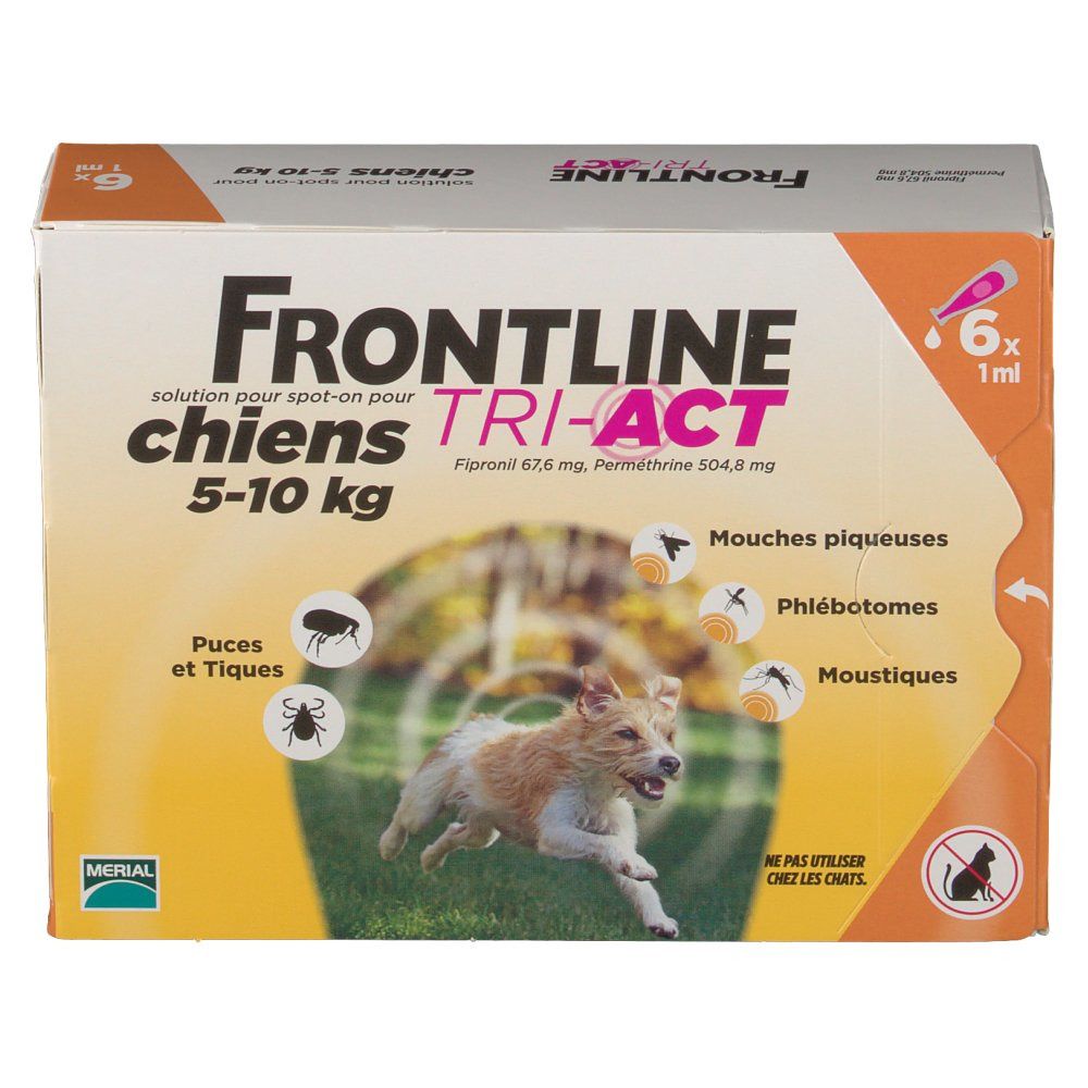 Boîte Frontline TRI-ACT pour chiens. 6 pipettes. Chien courant. Fond jaune.