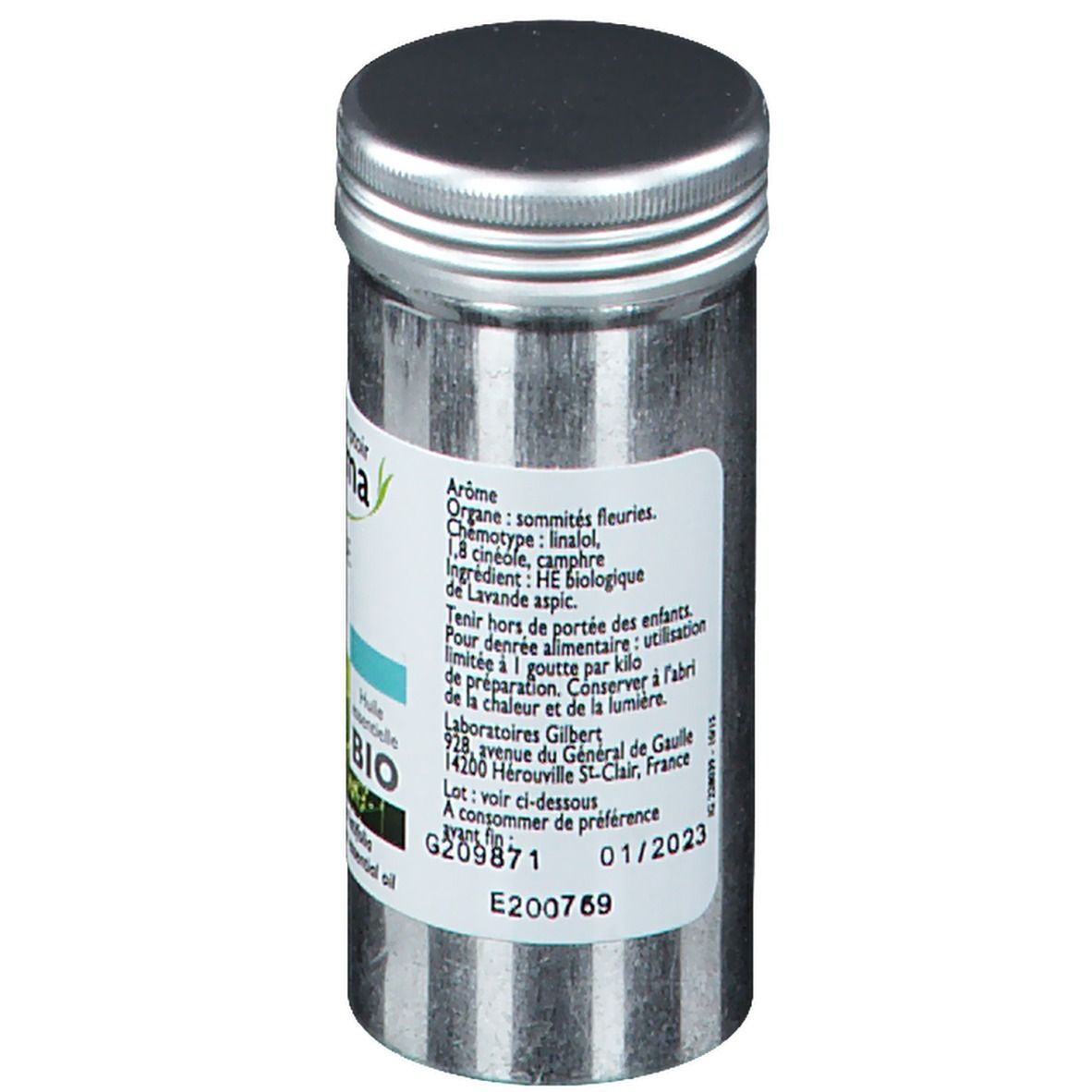 Flacon cylindrique en métal avec bouchon à vis. Verso avec texte: ingrédients, numéro de lot, date de péremption et informations fabricant.