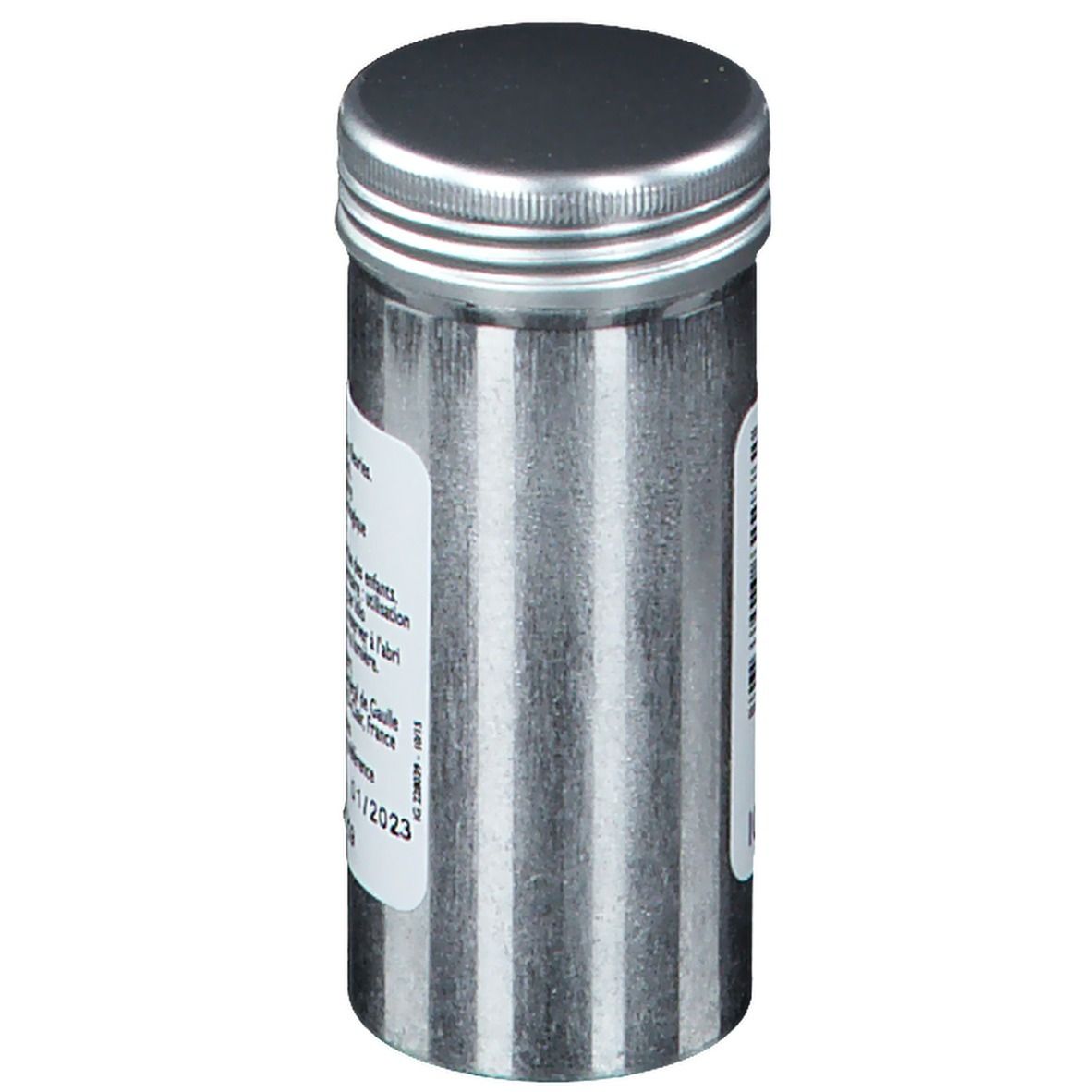 Flacon cylindrique en métal avec bouchon à vis. Verso avec texte et date de péremption 01/2023.