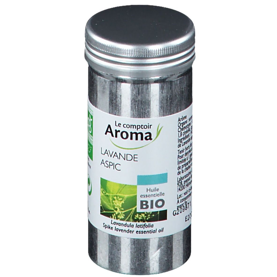 Flacon cylindrique en métal avec bouchon à vis. Étiquette avec texte: Lavande Aspic, certification Bio, et informations produit.