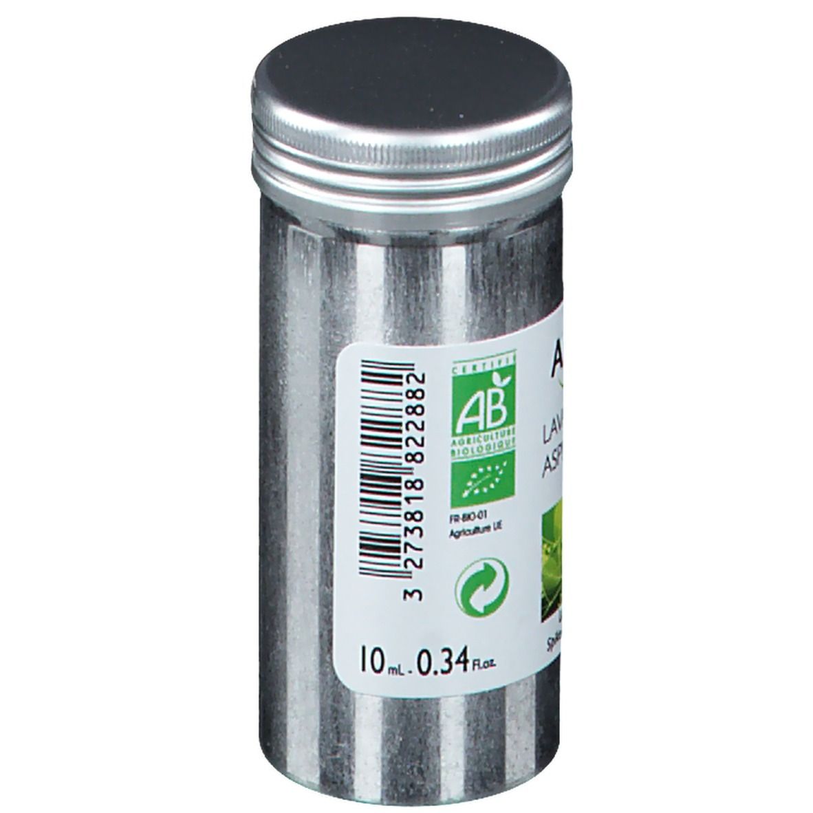 Flacon cylindrique en métal avec bouchon à vis. Étiquette avec texte: 10 ml, certification Bio, et code-barres.