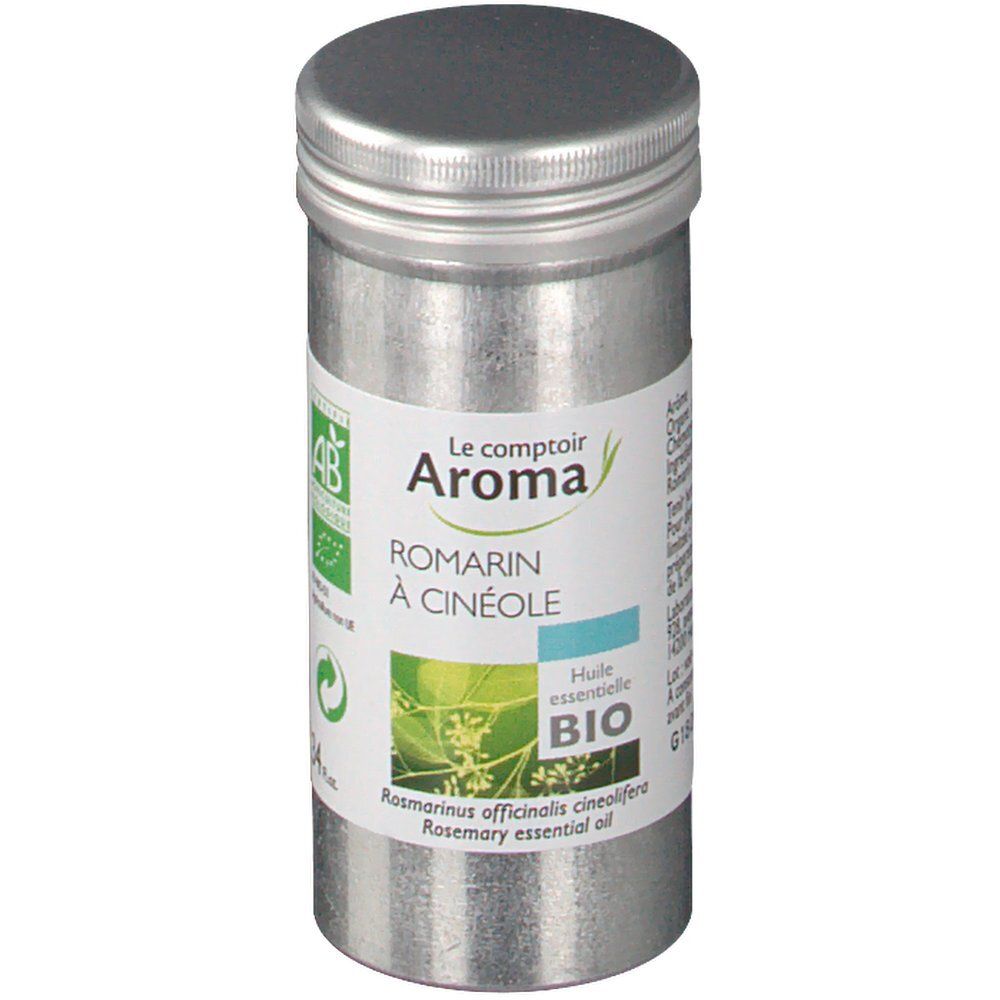 Flacon cylindrique en métal avec bouchon à vis. Étiquette avec nom du produit, logo et certification bio. Texte: Romarin à cinéole, huile essentielle BIO.