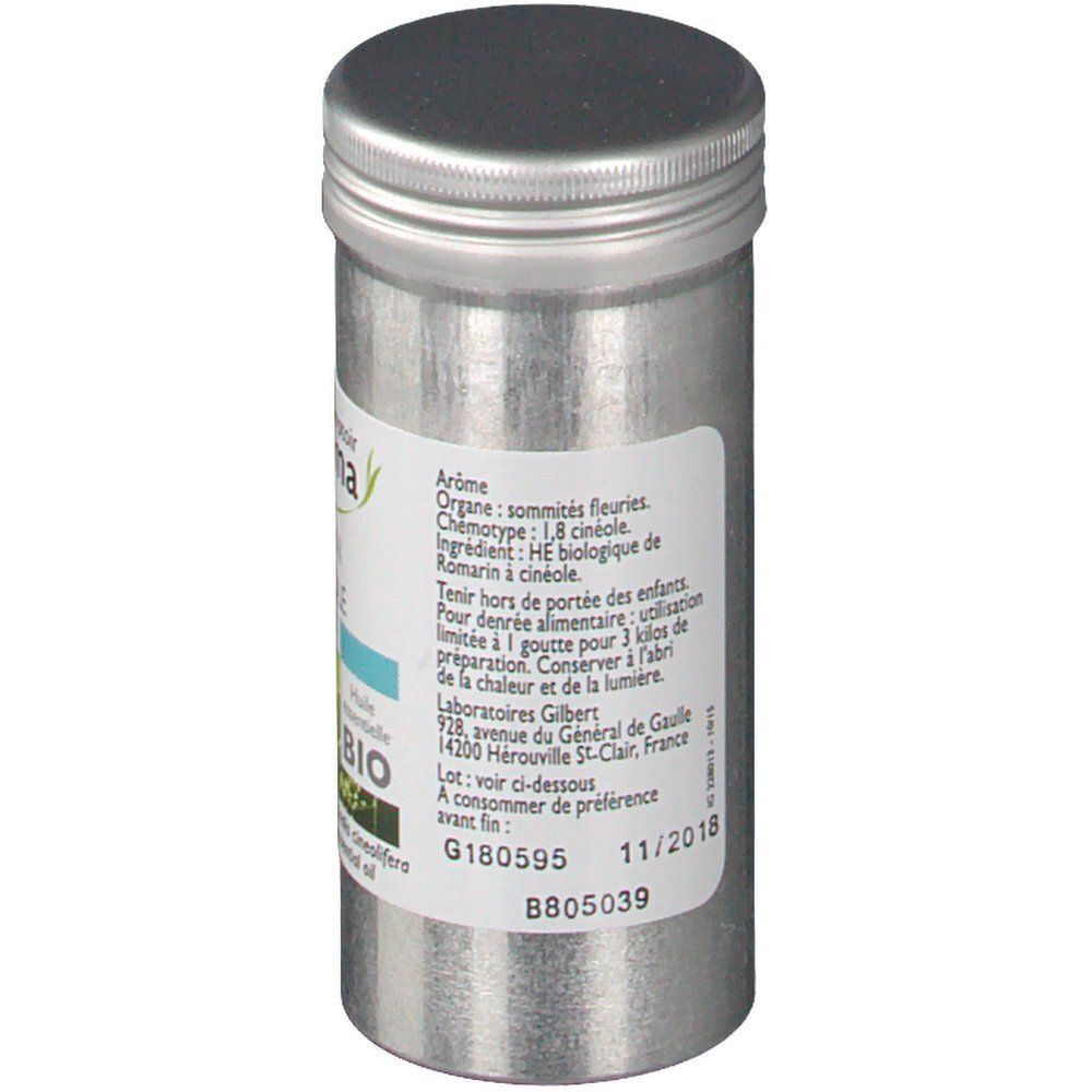 Dos du flacon métallique. Étiquette avec ingrédients, mode d'emploi et informations fabricant. Texte: Romarin à cinéole, huile essentielle.