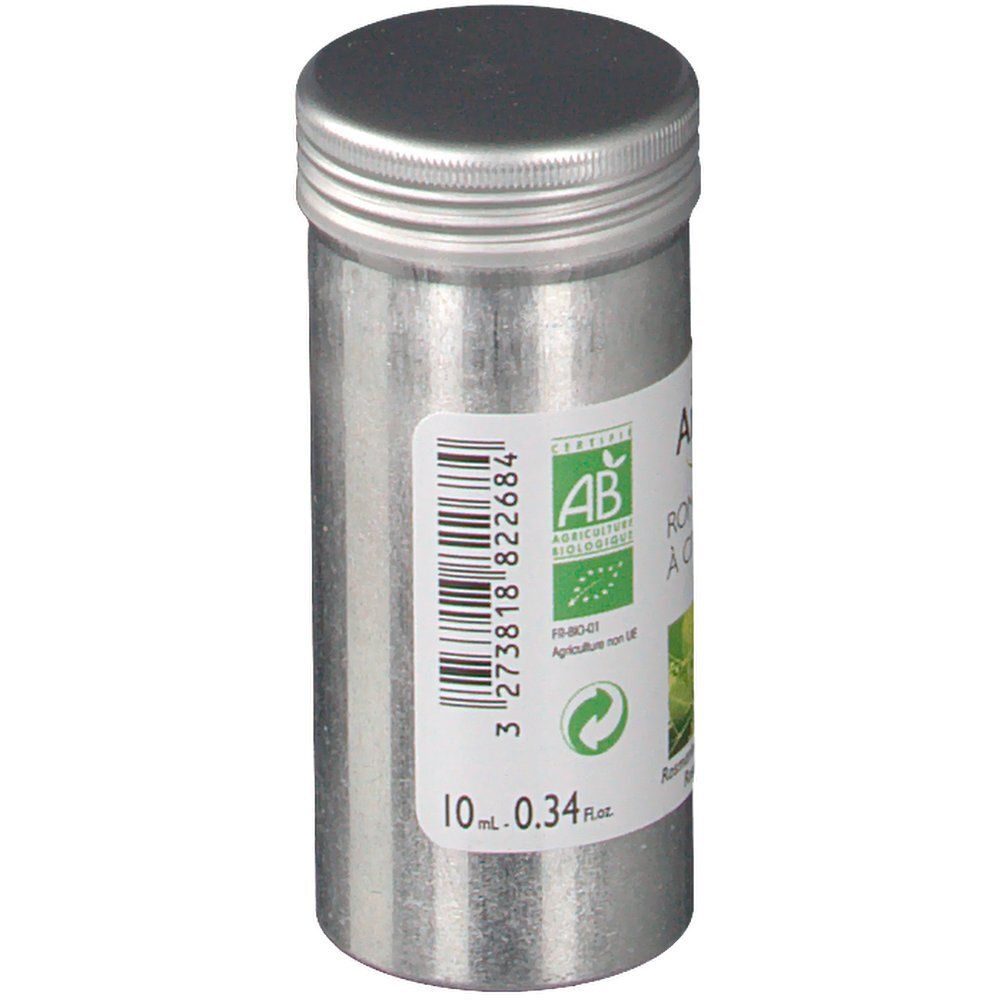 Flacon métallique avec bouchon à vis. Étiquette avec code-barres, certification bio et indication de volume. Texte: 10 ml - 0.34 fl.oz.