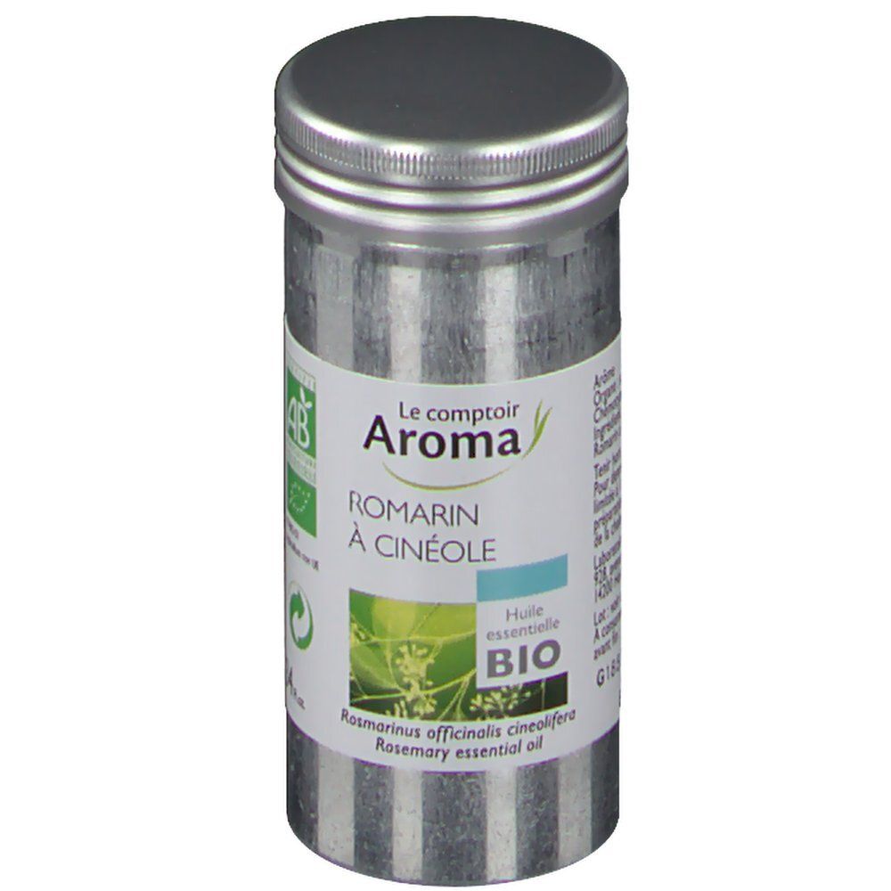 Flacon cylindrique en métal avec bouchon à vis. Étiquette avec nom du produit, logo et certification bio. Texte: Romarin à cinéole, huile essentielle BIO.