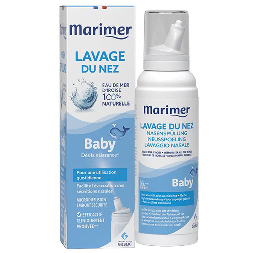 Spray nasal pour bébé Marimer. Flacon blanc avec embout et boîte. Texte multilingue. Eau de mer 100% naturelle.
