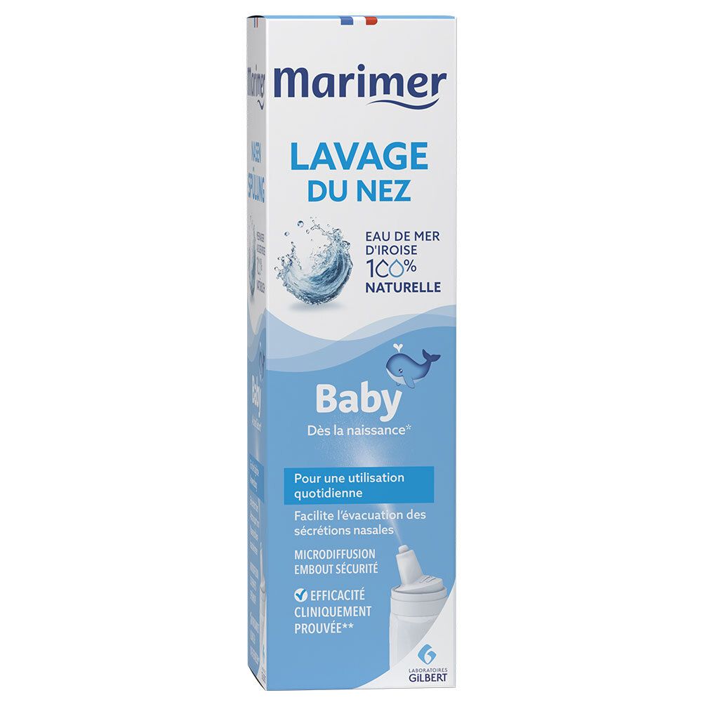 Boîte de spray nasal Marimer Baby. Texte multilingue. Bleu et blanc. Eau de mer 100% naturelle.