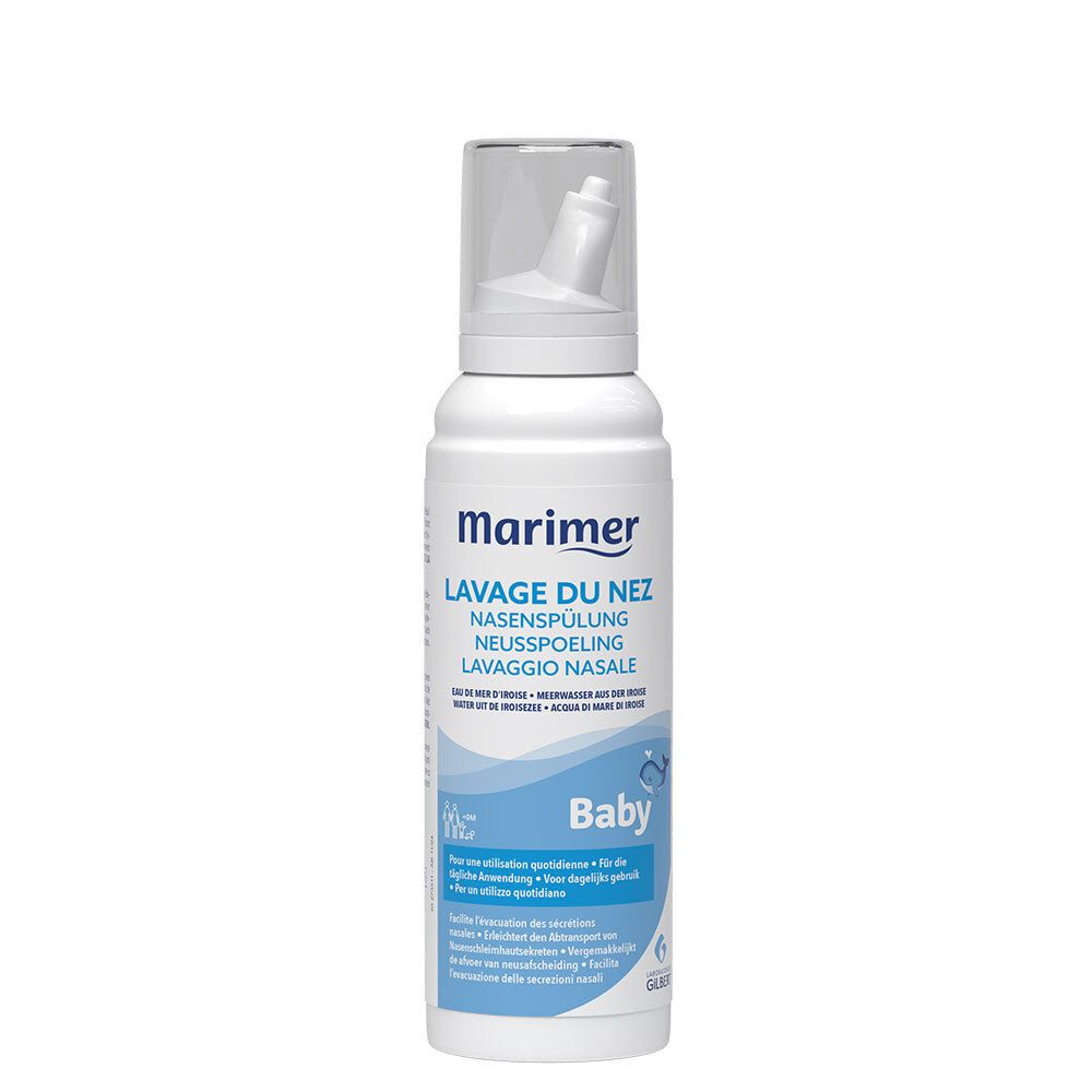 Flacon blanc de spray nasal Marimer Baby. Embout. Texte multilingue. Pour l'hygiène nasale quotidienne.