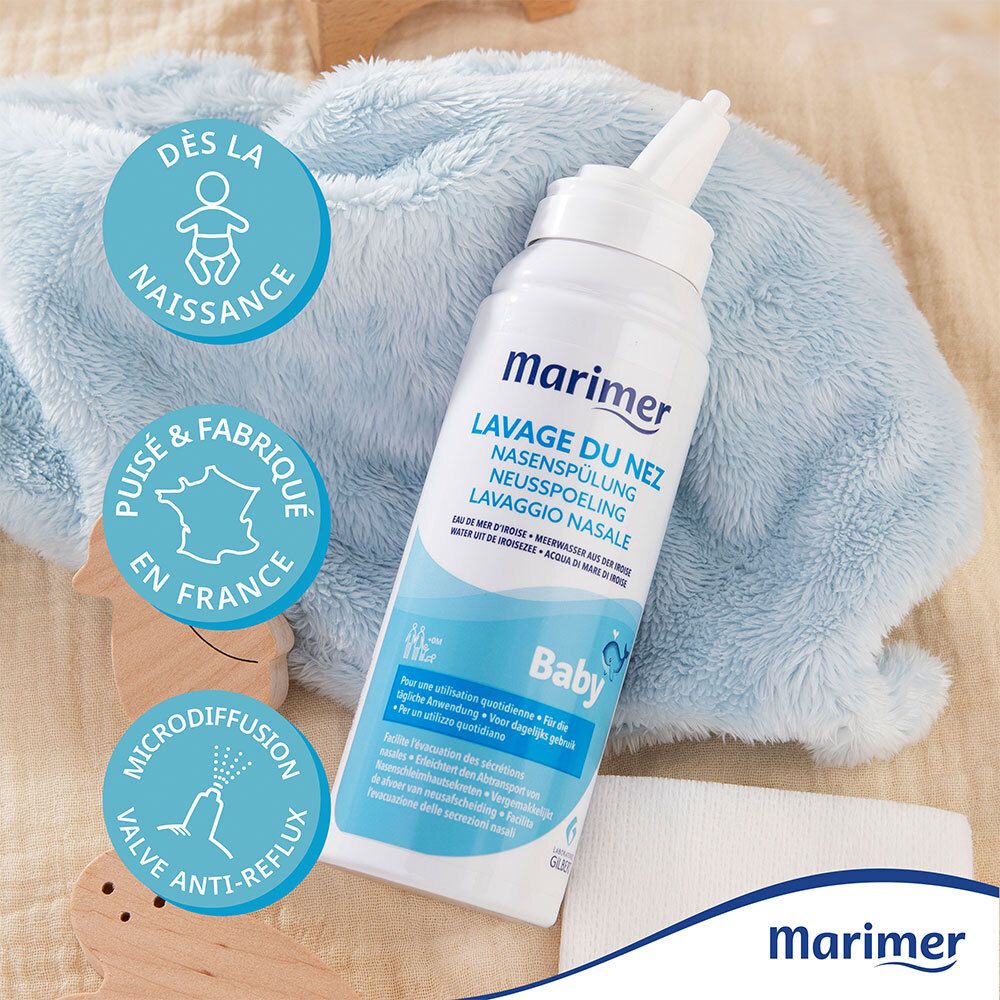 Produit sur fond bleu. Inscription: Marimer, Lavage du nez. Pour bébé. Texte: Dès la naissance. Fabriqué en France.