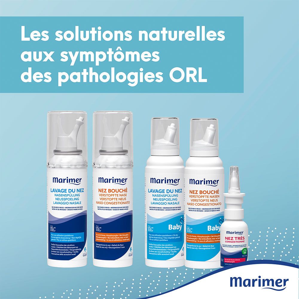 Plusieurs produits. Inscription: Marimer. Lavage du nez, Nez bouché, Nez bouché conditionné. Pour bébé.
