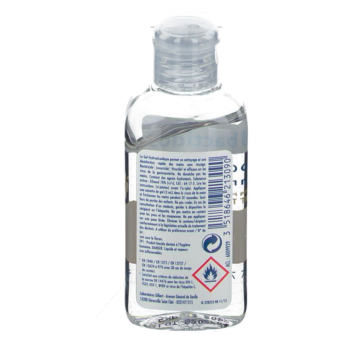 Dos d'un flacon transparent. Texte et étiquettes. Bouchon transparent. Symbole de danger.