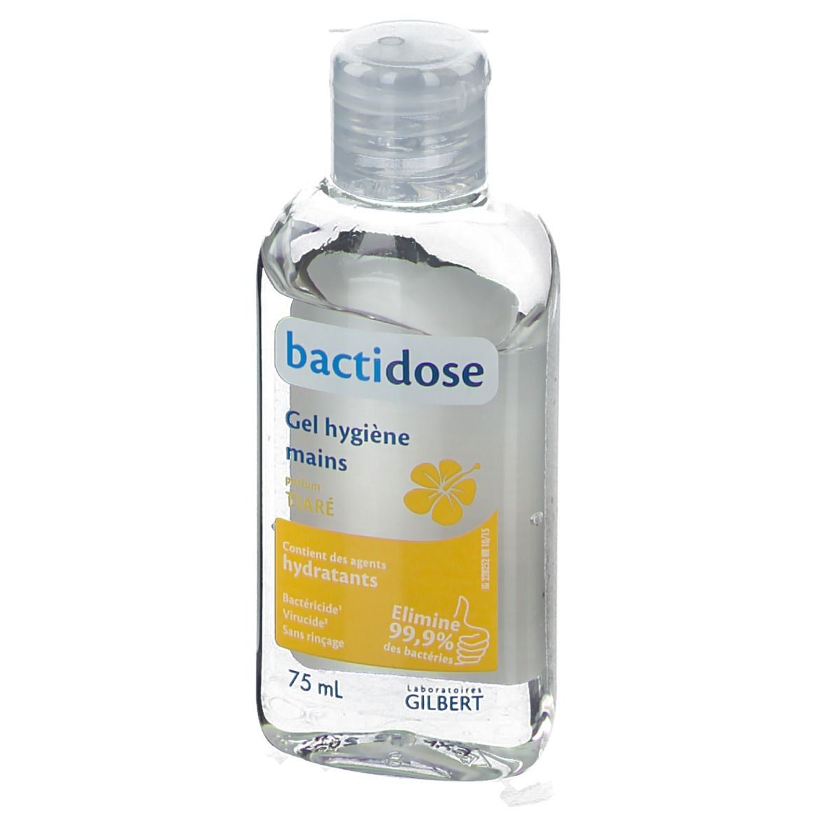 Flacon transparent de gel. Inscription 'bactidose Gel hygiène mains'. Étiquette jaune avec texte et fleur.