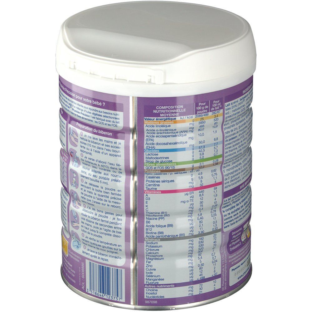Boîte cylindrique avec couvercle blanc. Vue détaillée du tableau nutritionnel. Texte: Physiolac, composition, informations nutritionnelles pour 100 ml.