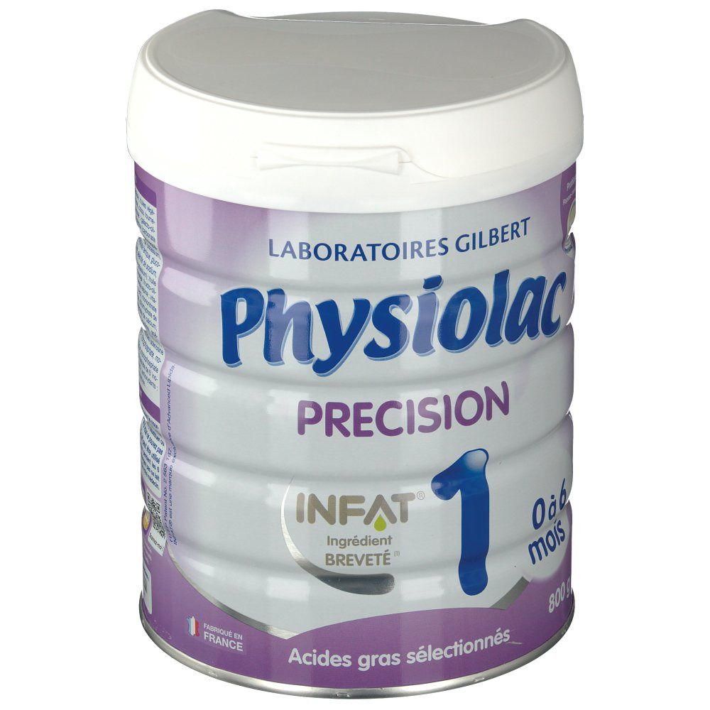 Boîte cylindrique avec couvercle blanc. Inscription: Physiolac Precision, Infat 1, 0-6 mois, 800g. Laboratoires Gilbert. Fabriqué en France.